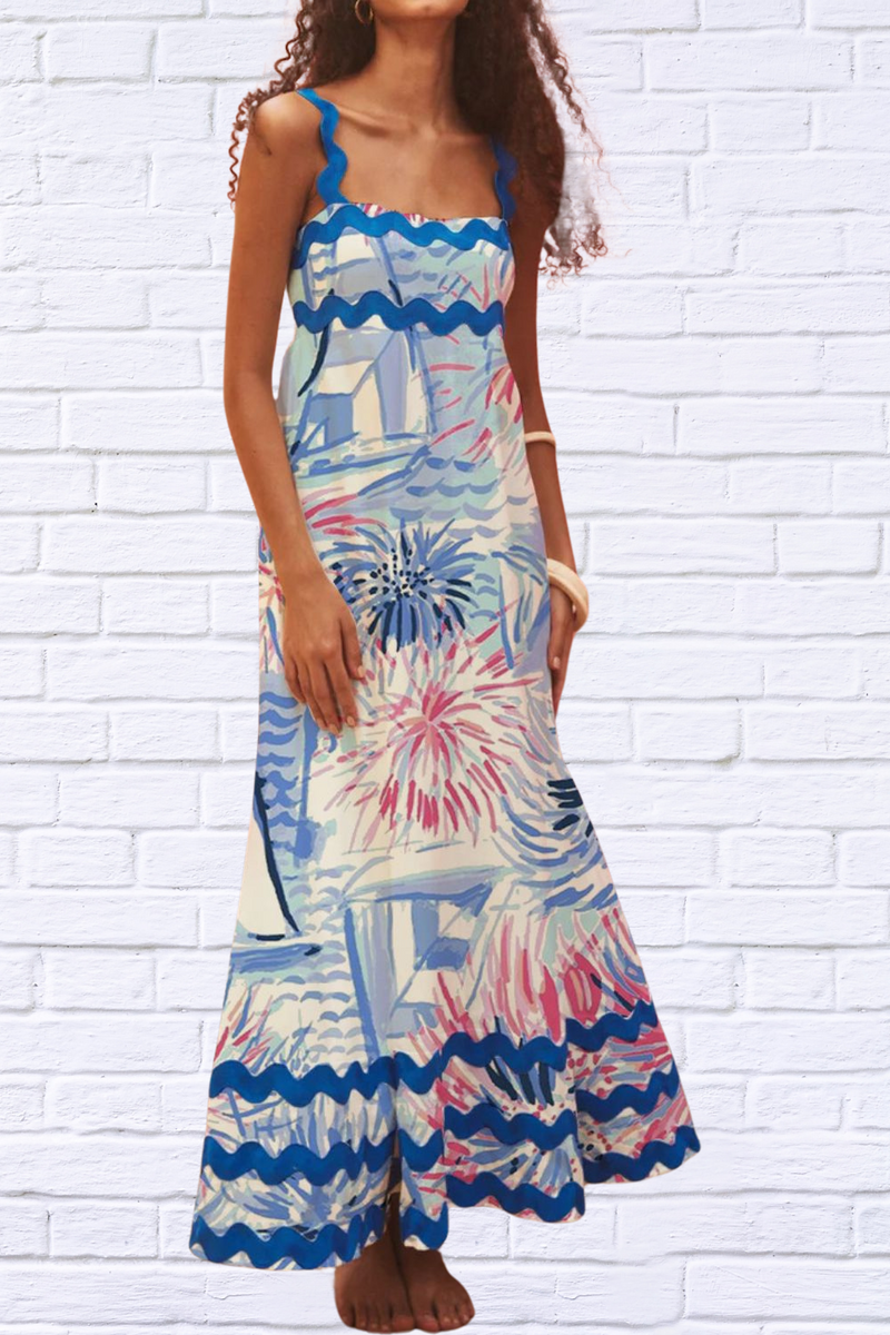 Printed Mel Square Neck Wide Strap Dress