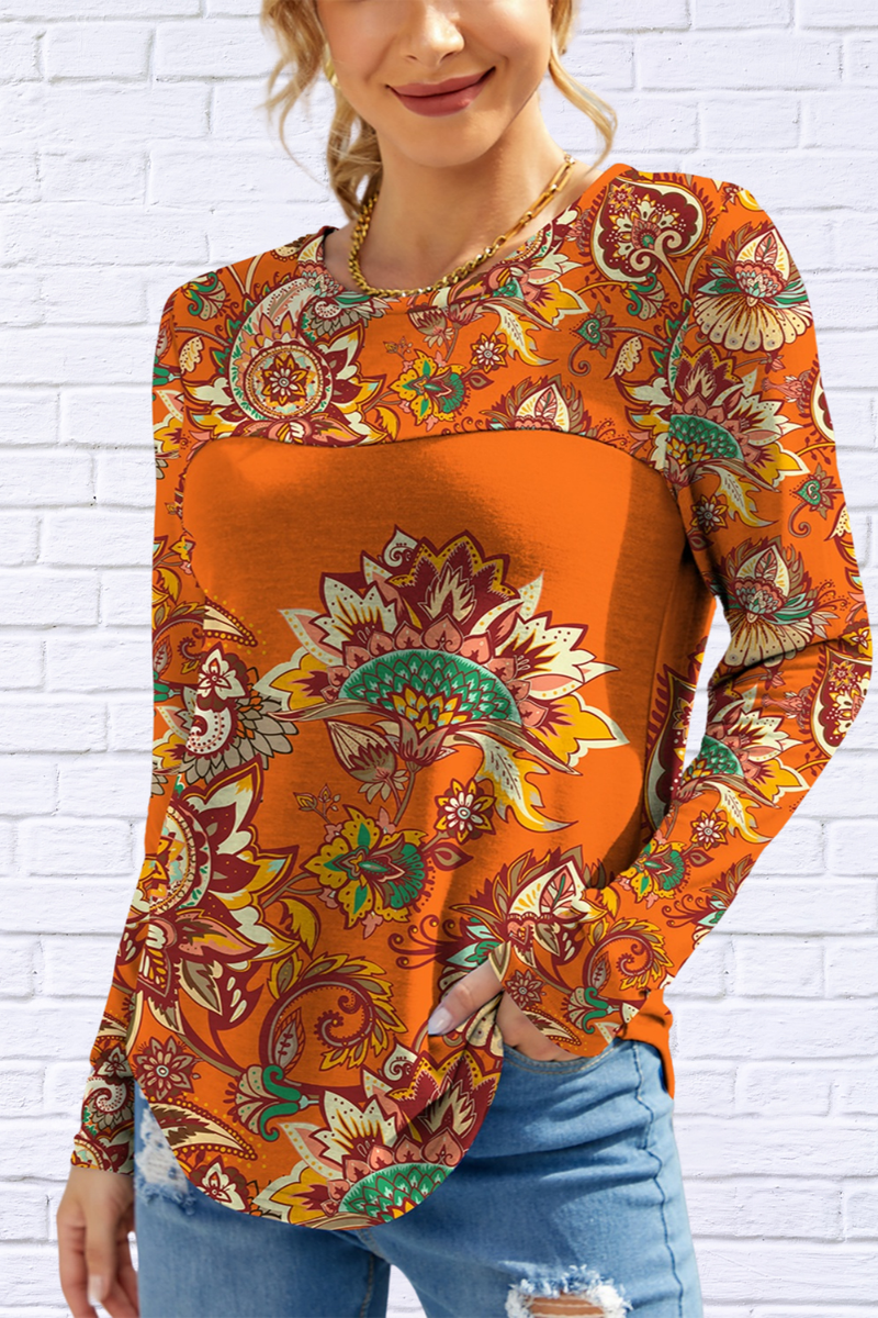 Printed Orche Round Neck Long Sleeve T-Shirt.