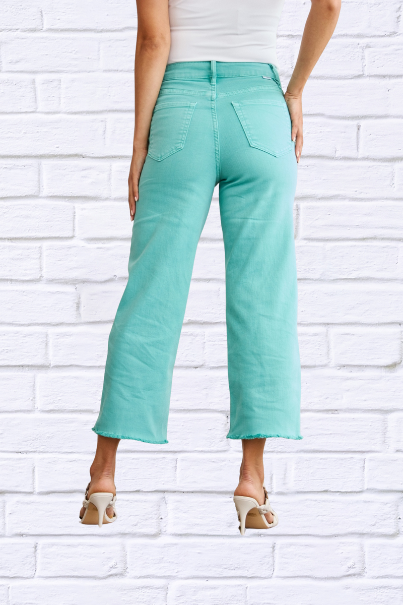 Island Green Crop Chloe Full Size Tummy Control High Waist Raw Hem Jeans