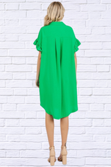 Green Button Down Flounce Sleeve Dress with Pockets