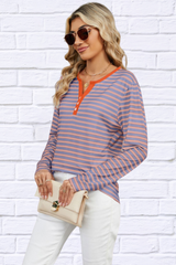 Striped Notched Long Sleeve T-Shirt