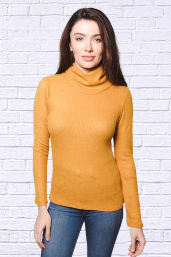 Dark Mustard Ribbed Brushed Hacci Cowl Turtleneck Long Sleeve Top