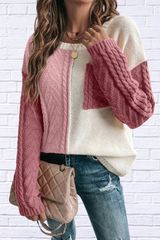 Cream and Green Round Neck Long Sleeve Sweater