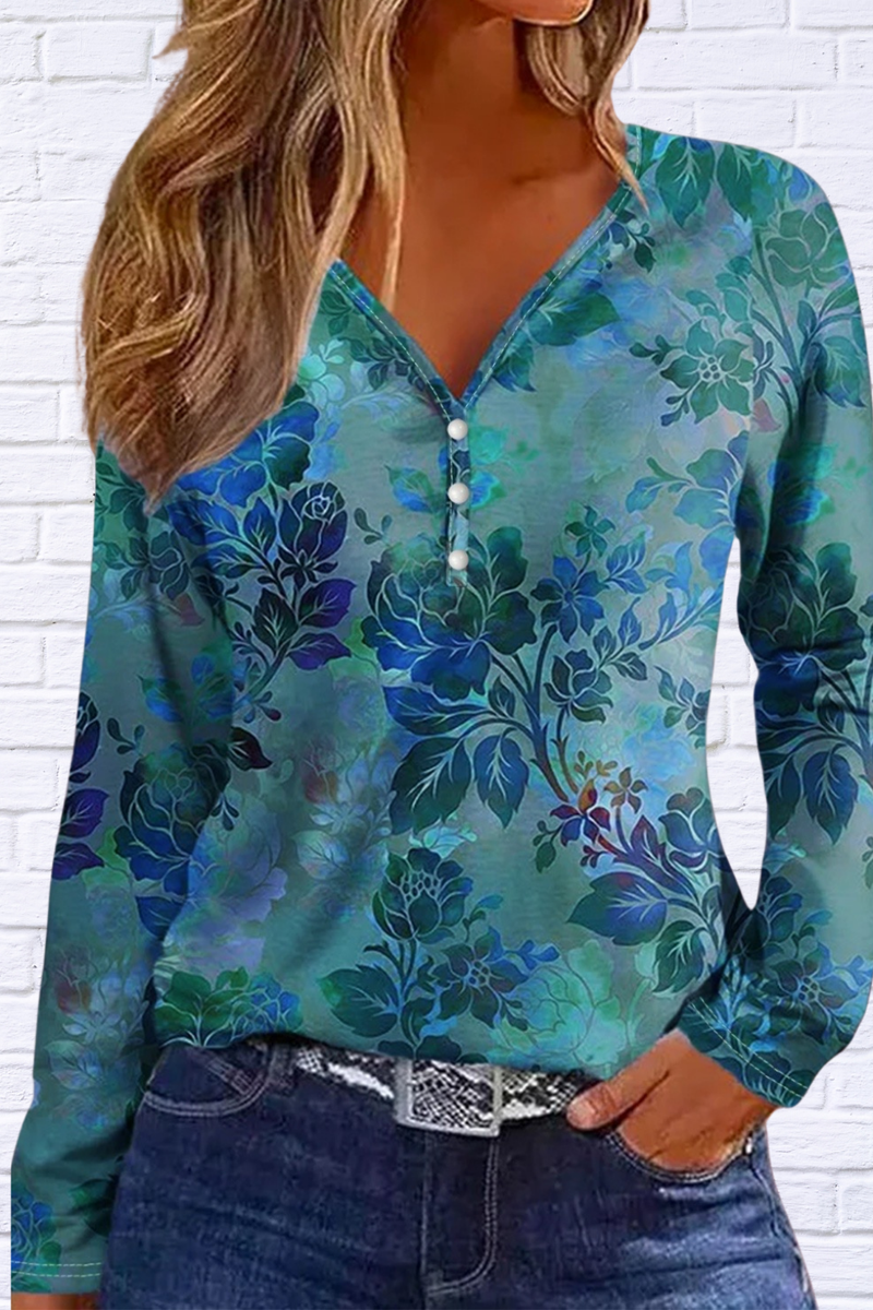 Printed Floral V-Neck 3 Button  Long Sleeve Blouse