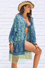 Fringe Printed Open Front Cover-Up – Effortless Boho Chic Style