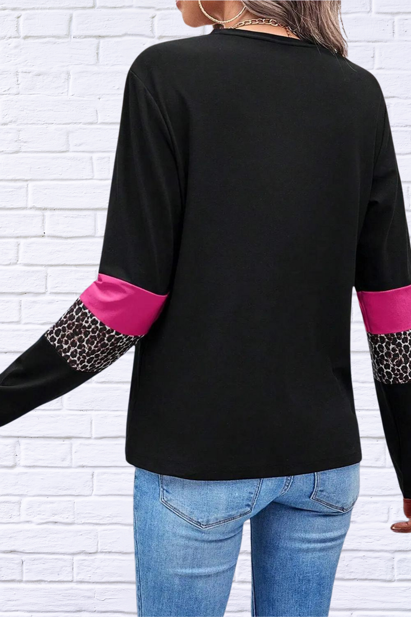 Leopard Round Neck Long Sleeve Blouse