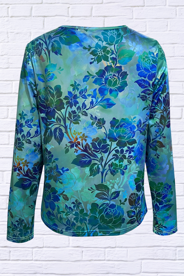 Printed Floral V-Neck 3 Button  Long Sleeve Blouse