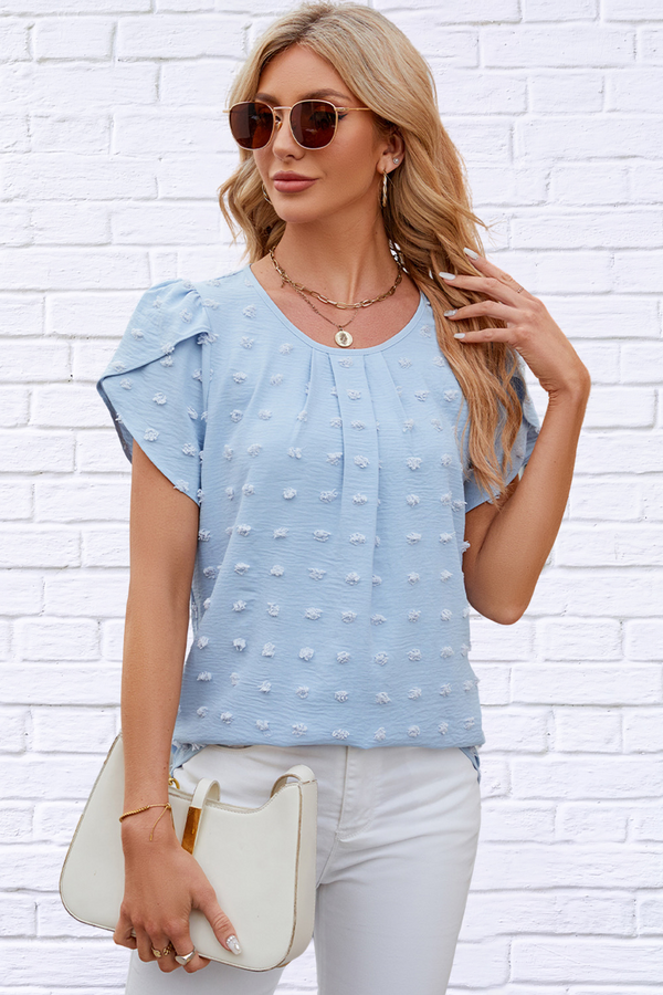 Swiss Dot Round Neck Petal Sleeve Blouse