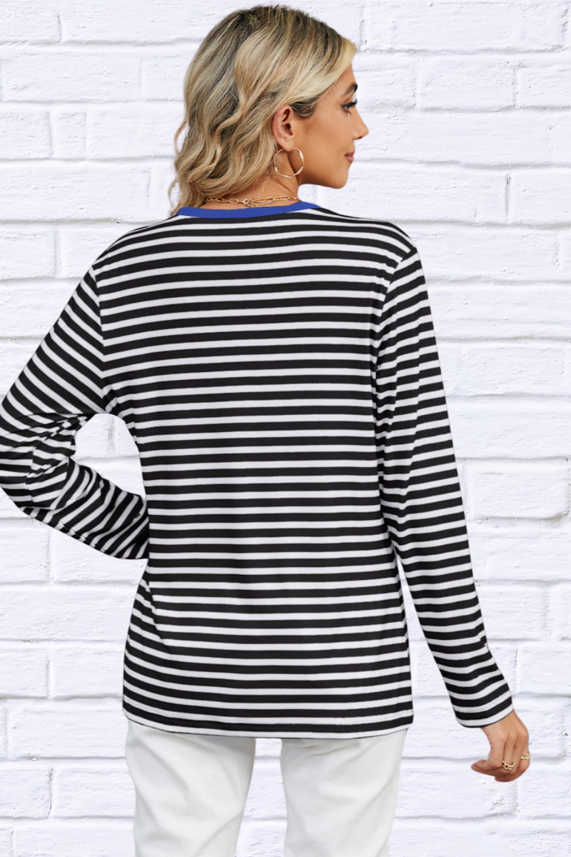 Striped Notched Long Sleeve T-Shirt