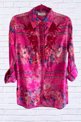 Hot Pink Floral Printed Shirt Embroidered and Vintage Wash