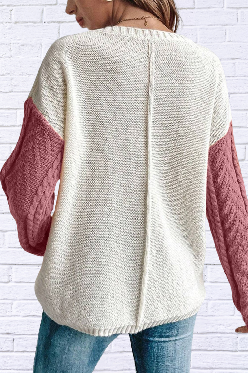 Cream and Green Round Neck Long Sleeve Sweater