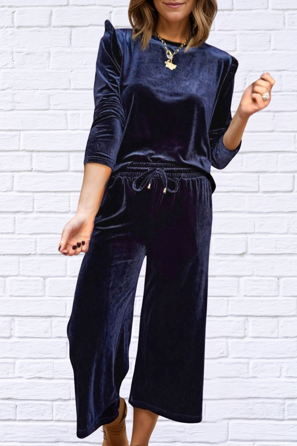 Velvet Round Neck Long Sleeve Top and Drawstring Pants Lounge Set