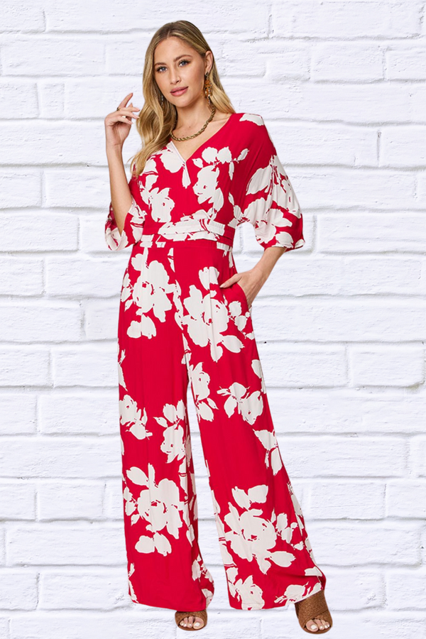 Double Take Full Size Printed Tie Back Wide Leg Jumpsuit