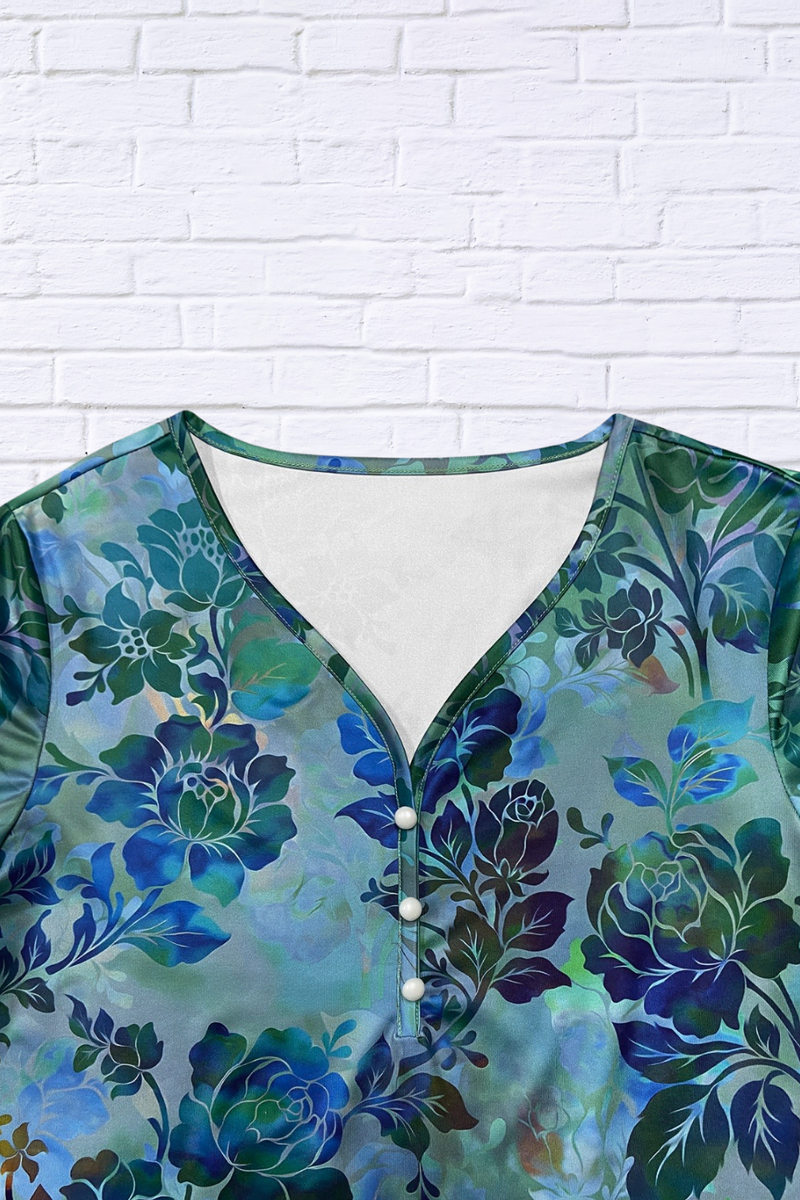 Printed Floral V-Neck 3 Button  Long Sleeve Blouse