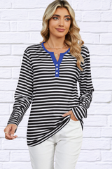 Striped Notched Long Sleeve T-Shirt