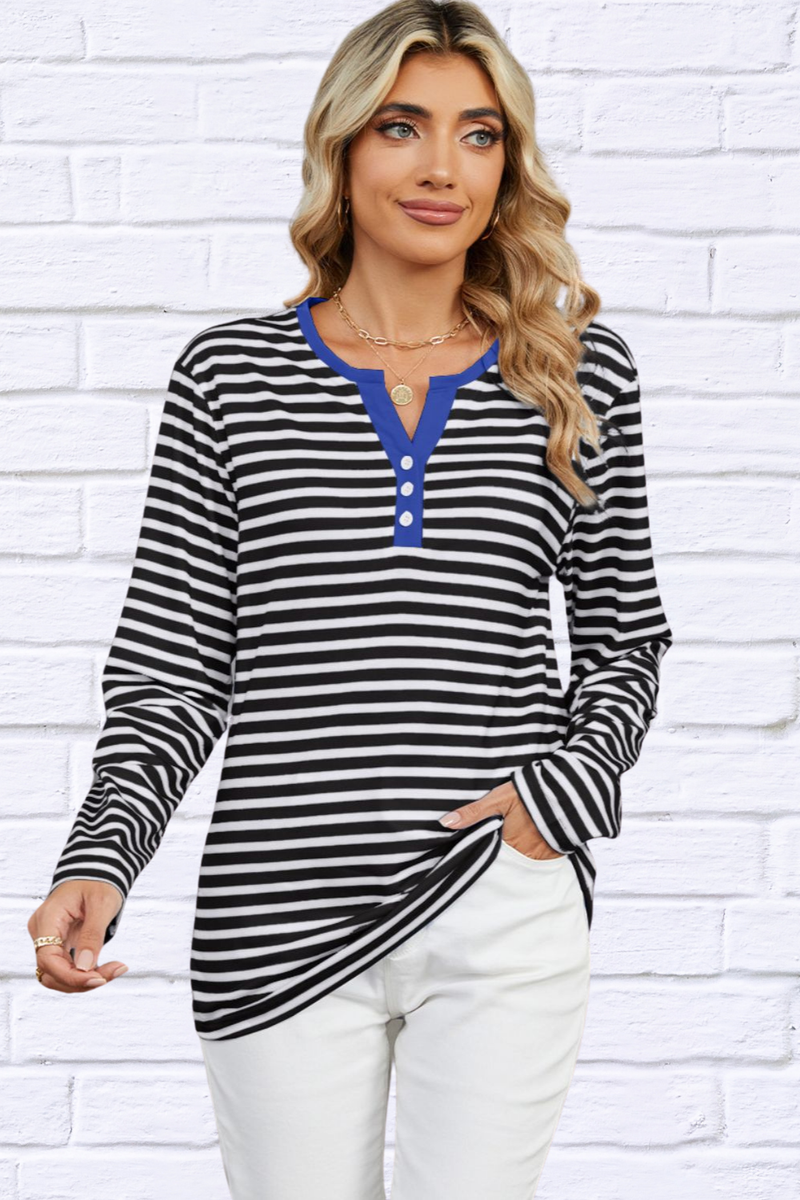 Striped Notched Long Sleeve T-Shirt