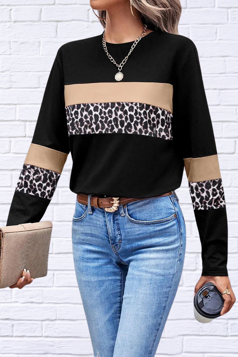 Leopard Round Neck Long Sleeve Blouse