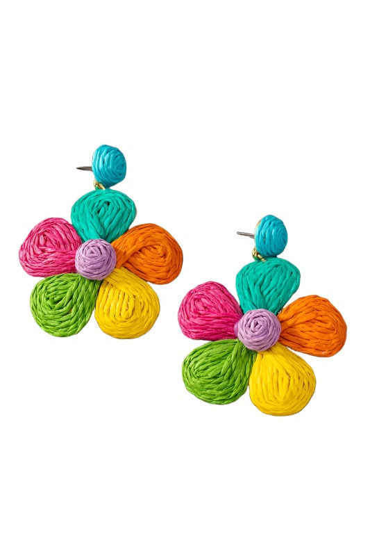 Large raffia straw flower drop earrings