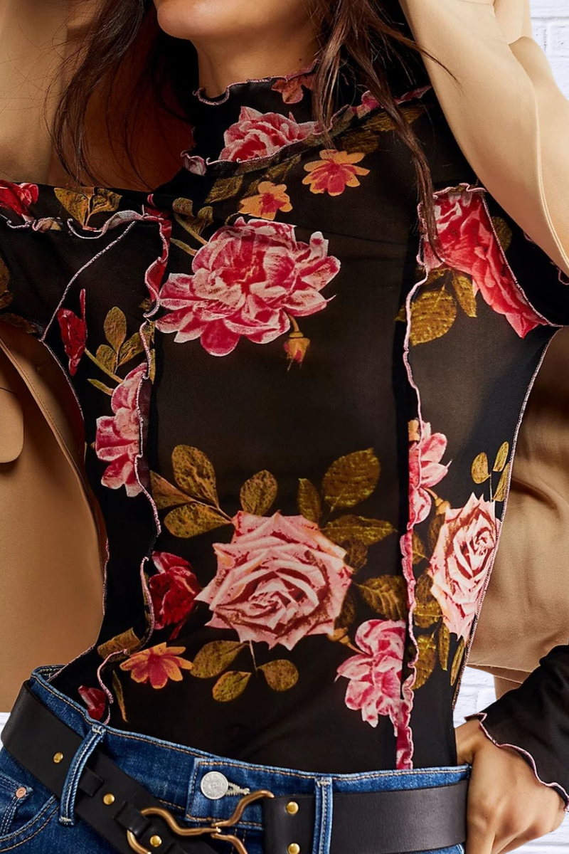 Floral Mock Neck Long Sleeve Top