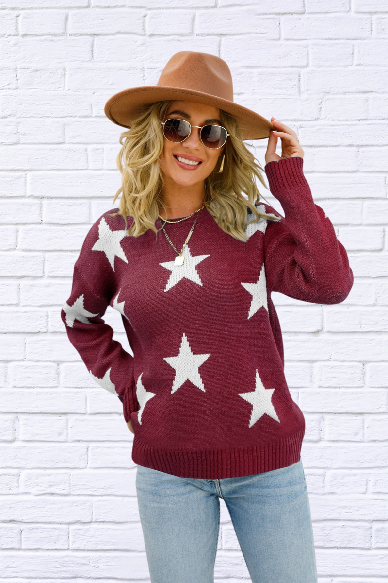 Star Round Neck Dropped Shoulder Sweater