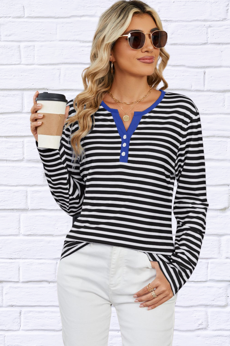 Striped Notched Long Sleeve T-Shirt