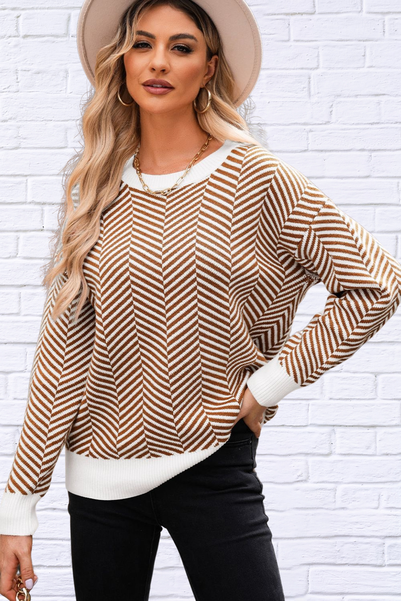 Herring Bone Round Neck Long Sleeve Sweater