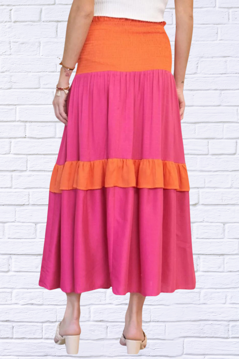 Hot Pink and Orange ColourBlock Smocked Ruffle  Maxi Skirt