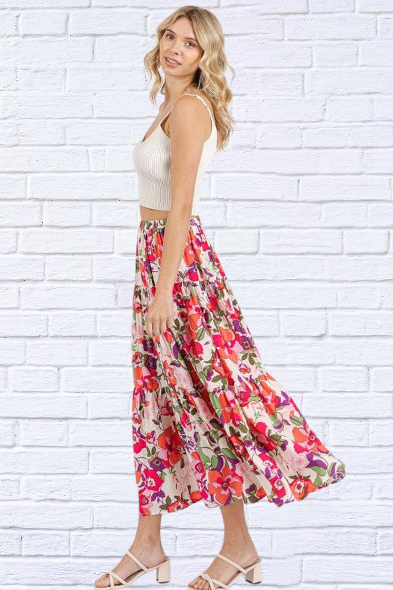 Flower Print Elastic Waist Tiered Skirt