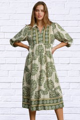 Umgee Full Size Green Border Print Tiered Midi Dress Plus Size