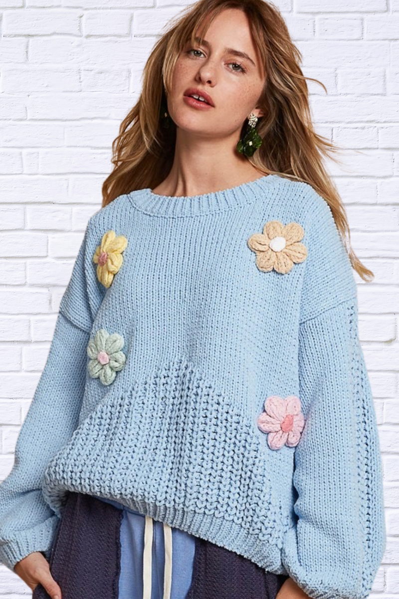 POL Crochet Flower Round Neck Dropped Shoulder Sweater