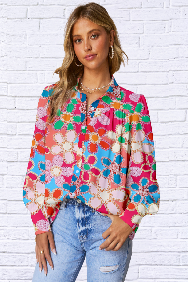 Floral Print Lantern Sleeve Collared Neck Shirt