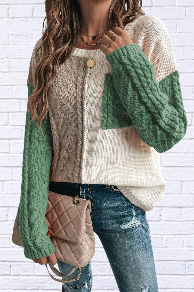 Cream and Green Round Neck Long Sleeve Sweater