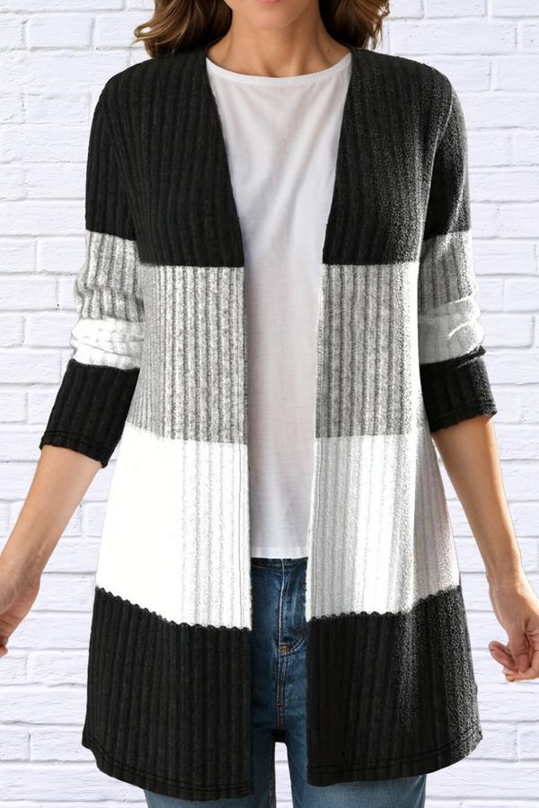 Color Block Open Front Long Sleeve Cardigan