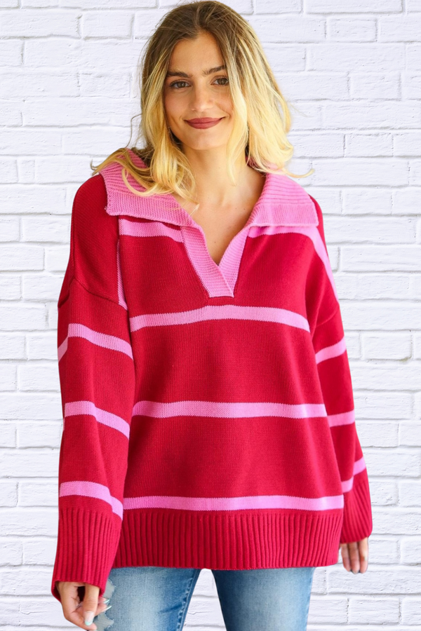 Collared Neck Striped Contrast Sweater