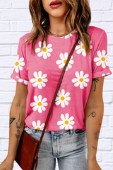 Printed Pink and White Flower Round Neck Short Sleeve T-Shirt