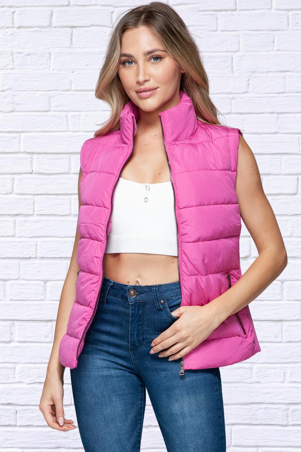 Rose Pink Zip Up Turtleneck Vest with Pockets