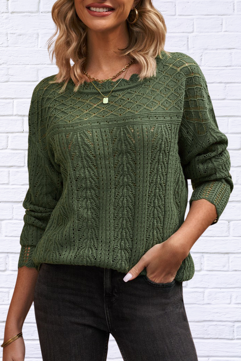 Openwork Round Neck Long Sleeve Knit Top