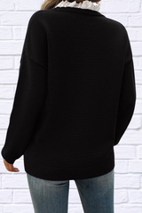 Lace Detail Notched Long Sleeve Sweater