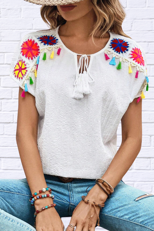 Tassel Tie Neck Short Sleeve Blouse