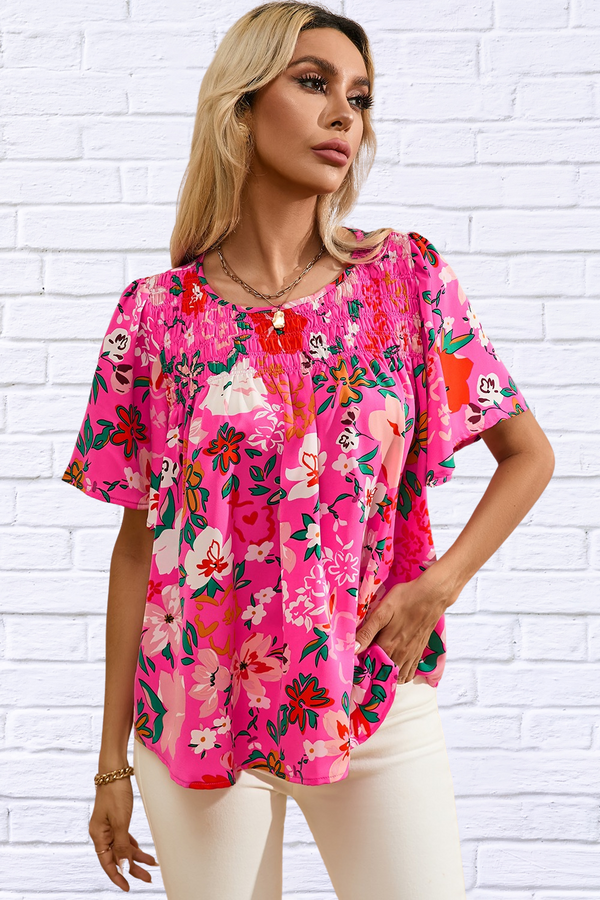 Passion Smocked Printed Round Neck Half Sleeve Blouse