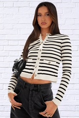 Striped Round Neck Button Up Long Sleeve Cardigan