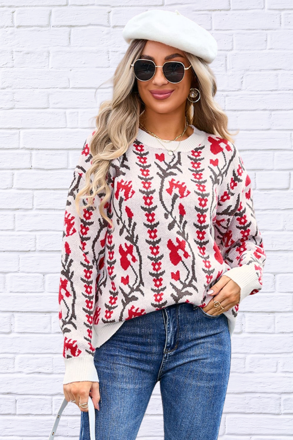 Delicate  Flower Round Neck Long Sleeve Sweater