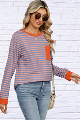 Pocketed Striped Round Neck Long Sleeve T-Shirt