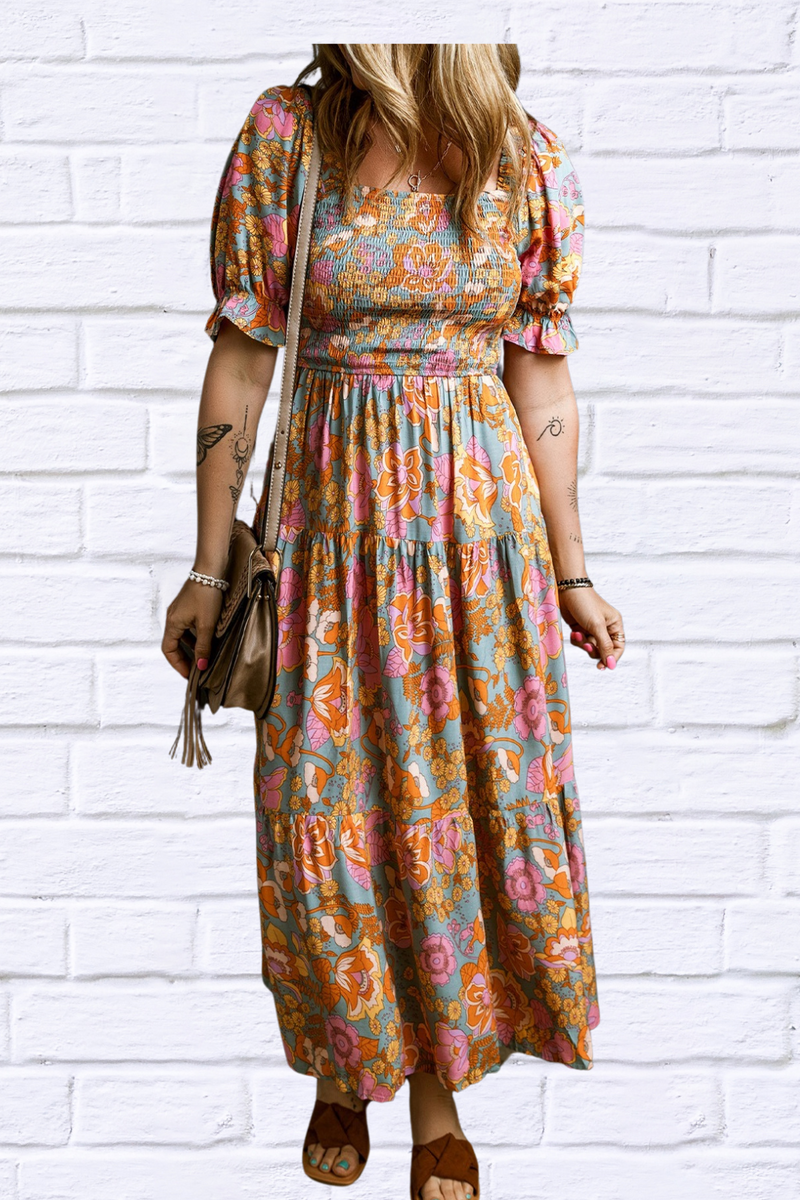 Smocked Printed Short Sleeve Dress