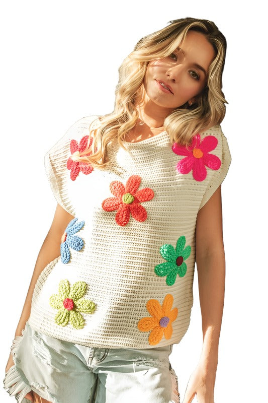 Crochet Flower Embroidery Knit Top