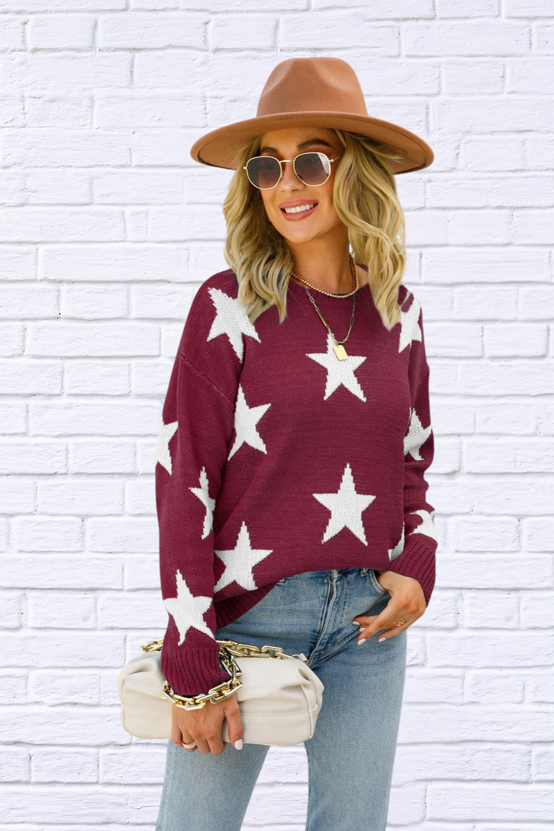 Star Round Neck Dropped Shoulder Sweater