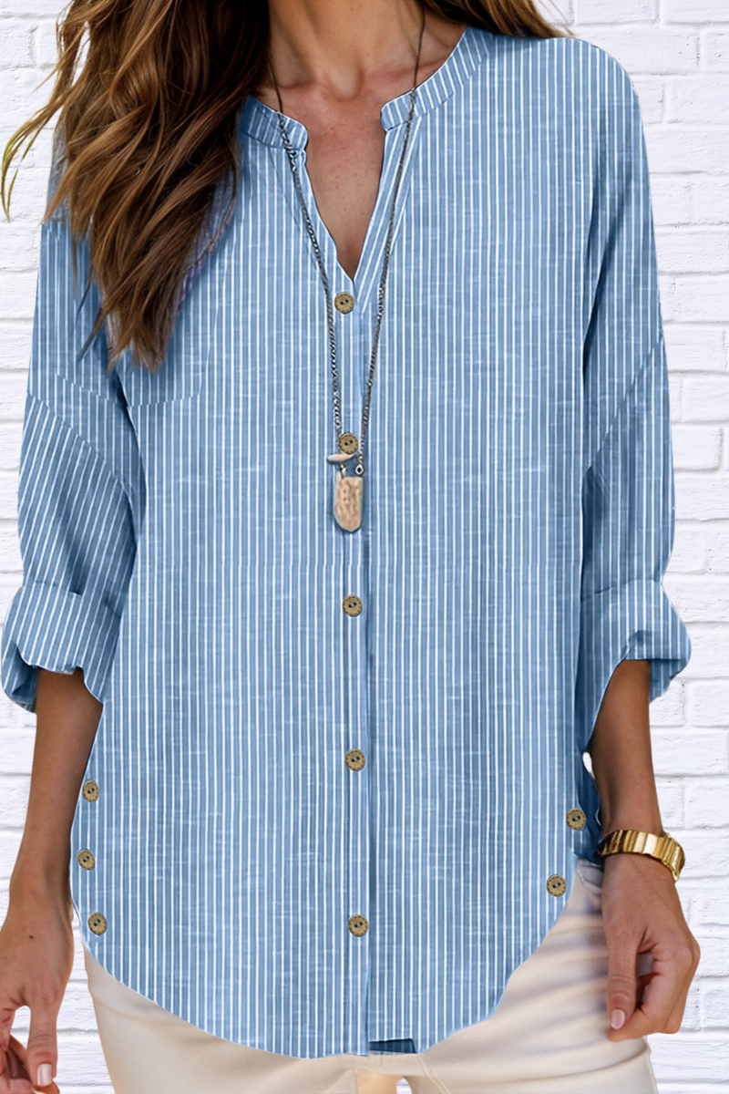 Light Blue Striped Notched with Decorative Buttons Long Sleeve Blouse