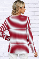 Striped Notched Long Sleeve T-Shirt