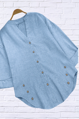 Light Blue Striped Notched with Decorative Buttons Long Sleeve Blouse