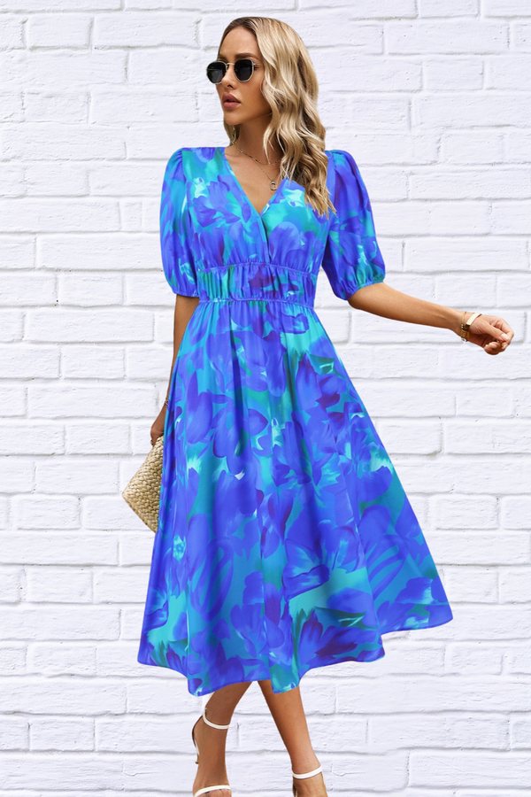 Ruched Printed Surplice Short Sleeve Dress